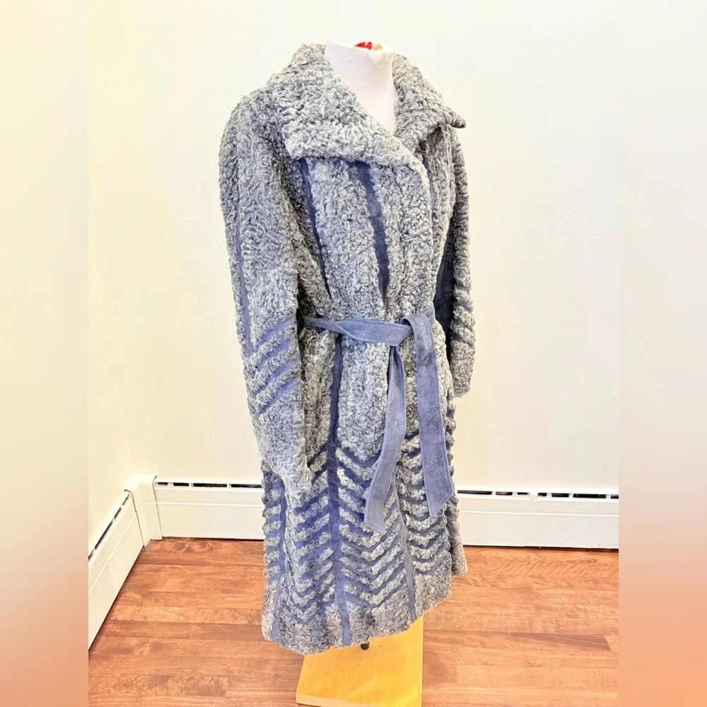 Vintage gray ASTRAKHAN LAMB sheep & Suede coat Jacket with chevron pattern strip - Picture 16 of 16